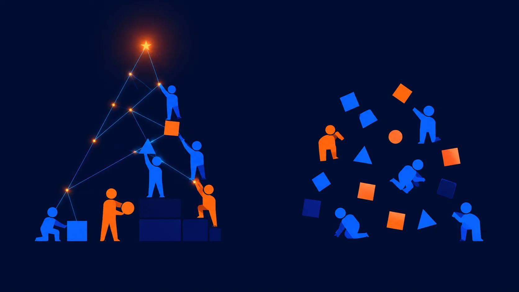 Two teams with the same pieces — one aligned and building toward a shared goal, the other scattered and disconnected