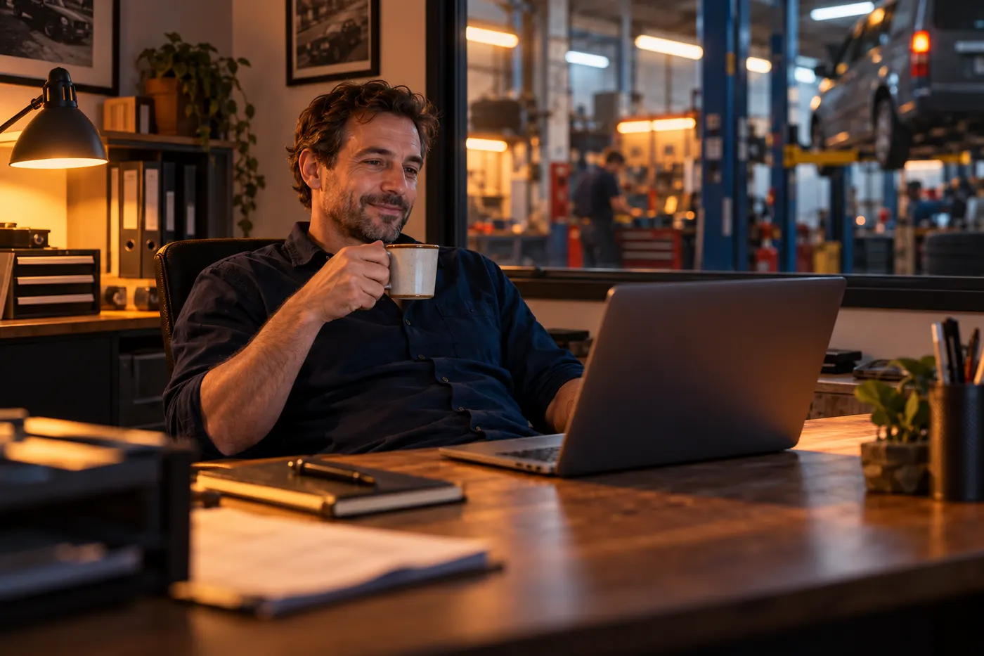 A business owner working at his laptop